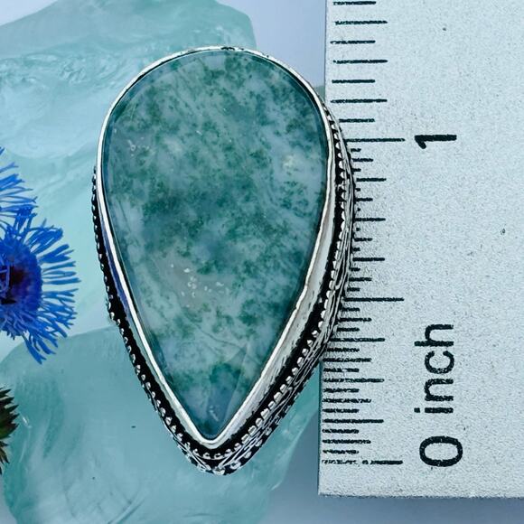 925 Sterling Teardrop Moss Agate Ring  Size 8.5 - Picture 6 of 7